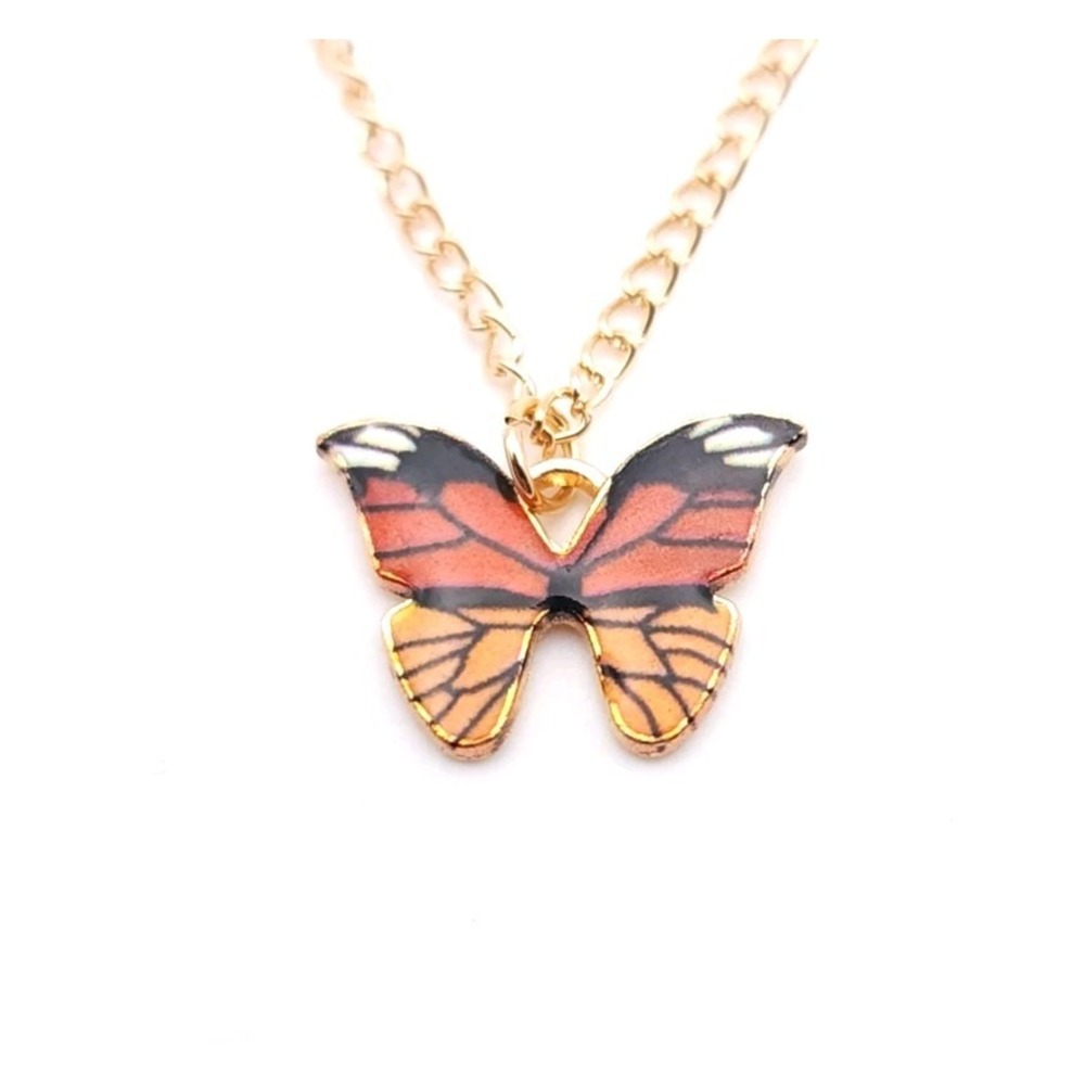 Gold Tone Monarch Butterfly Pendant Necklace Enamel Nature Jewelry